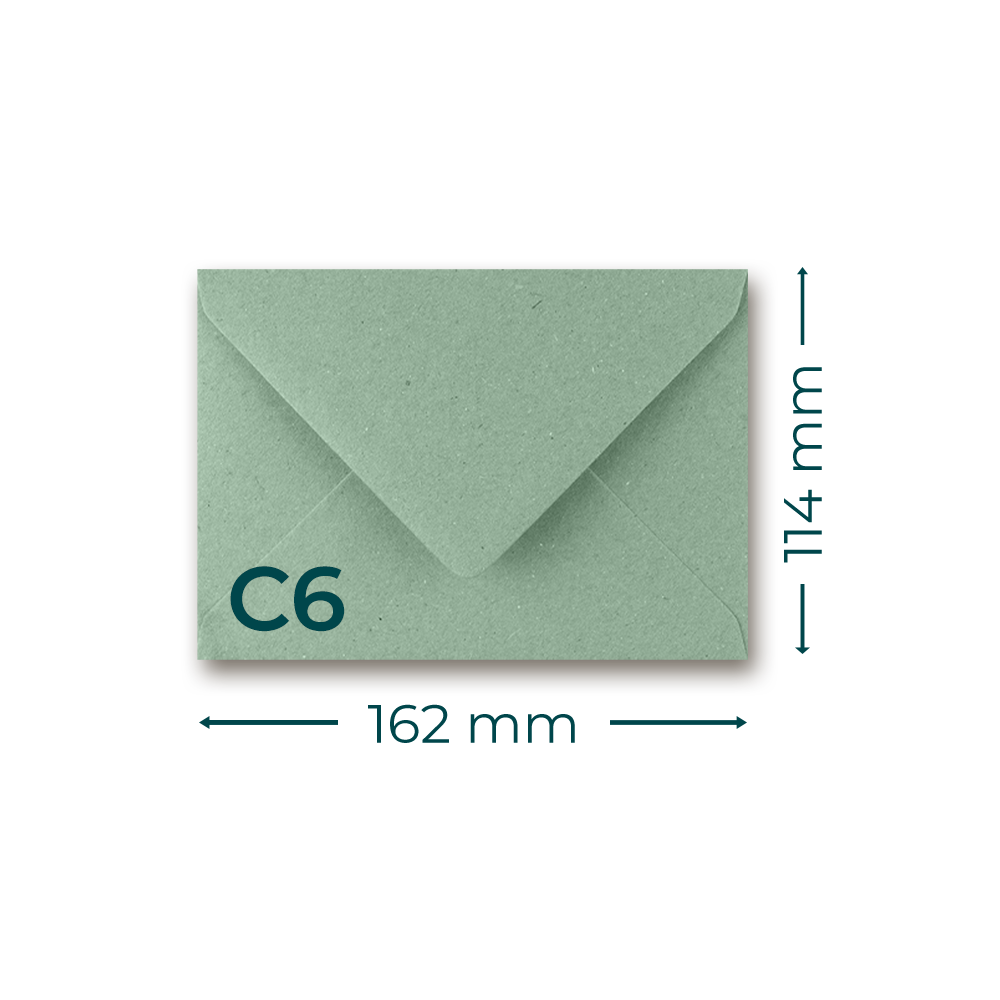 Green C6 kraft envelope with measurements. 162 x 114 mm.