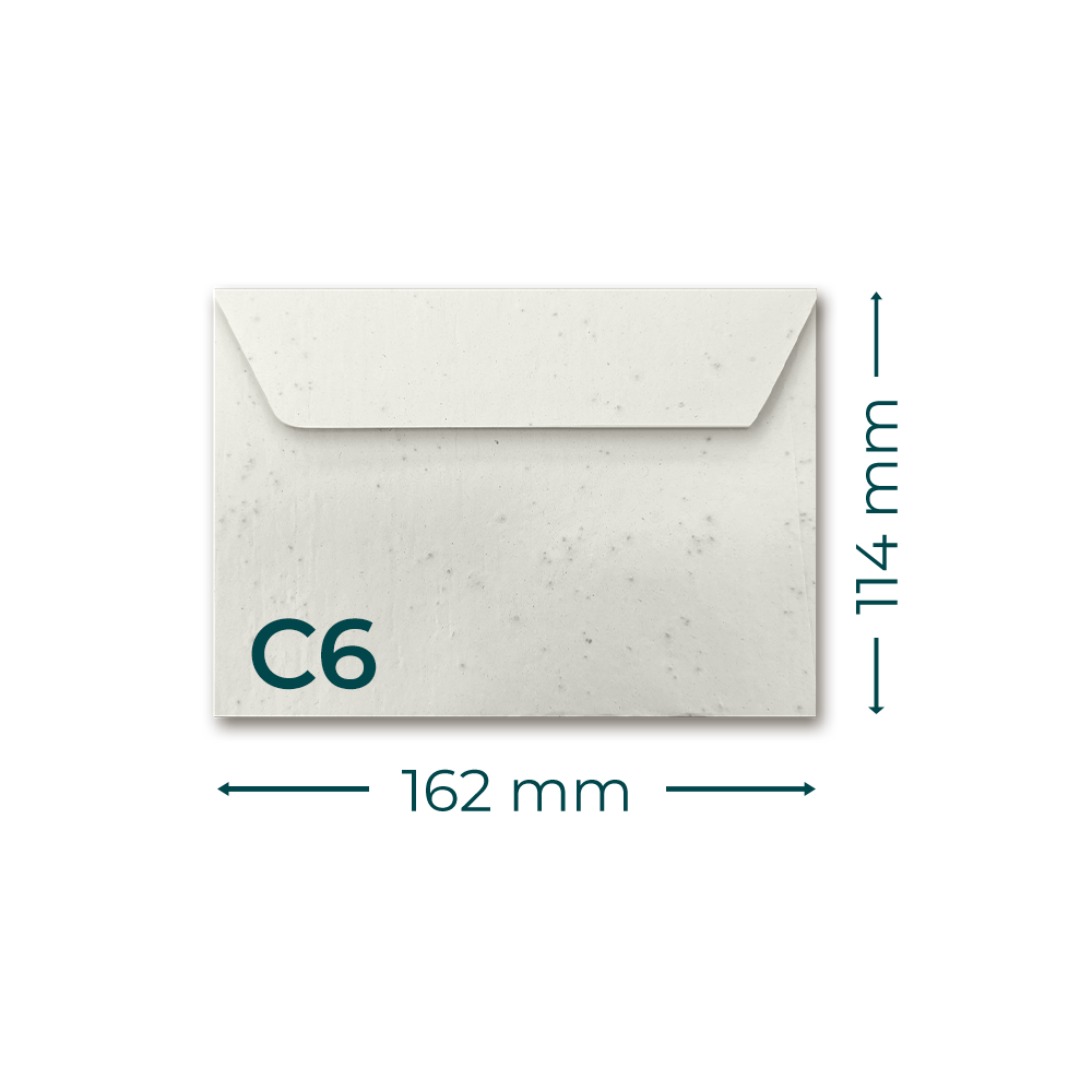 C6 seedpaper envelope with measurements. 162 x 114 mm.