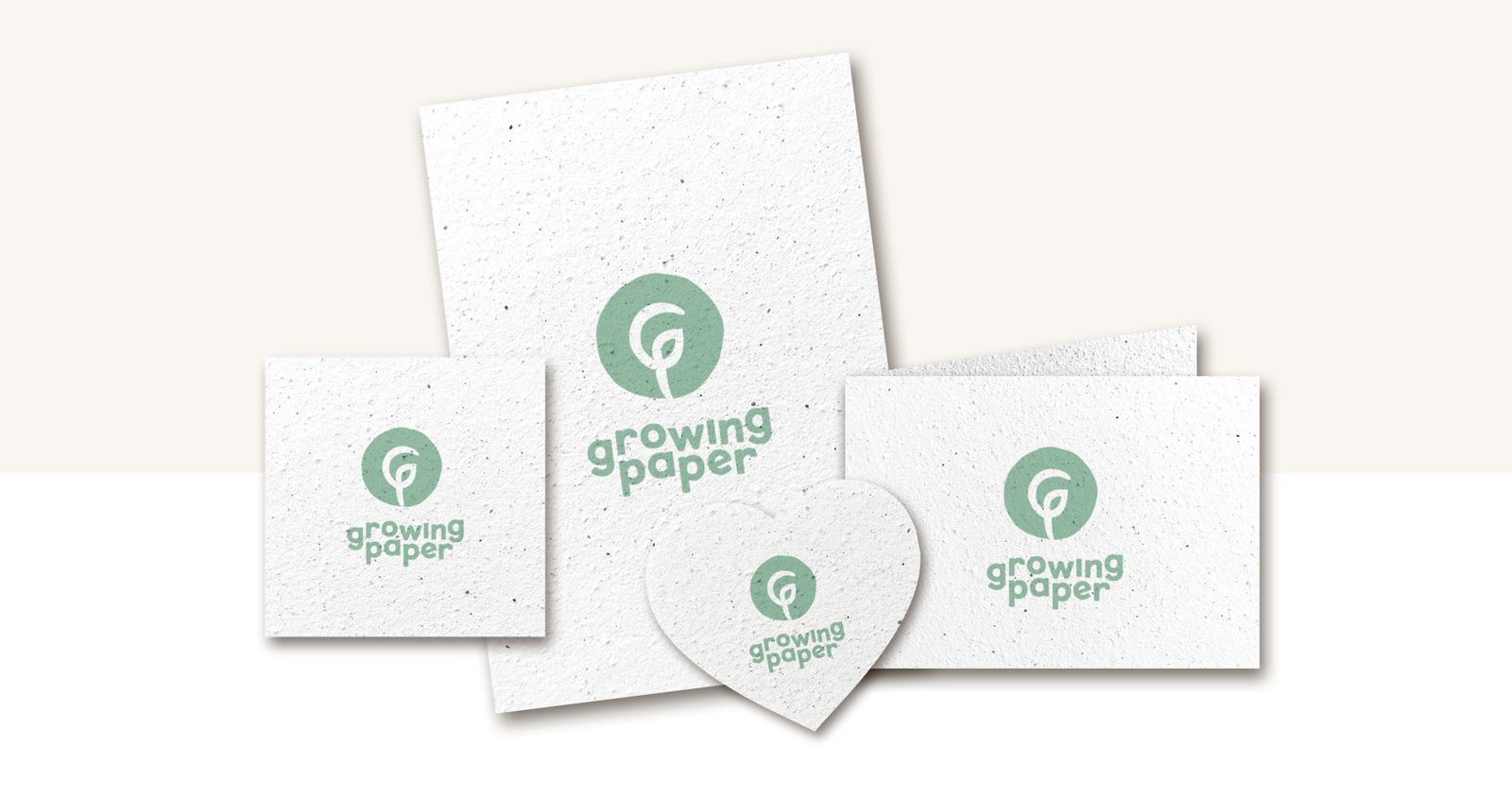 Group of growing paper cards with the Growingpaper logo