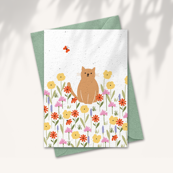 Bloemenkaart – Kat in bloemenveld