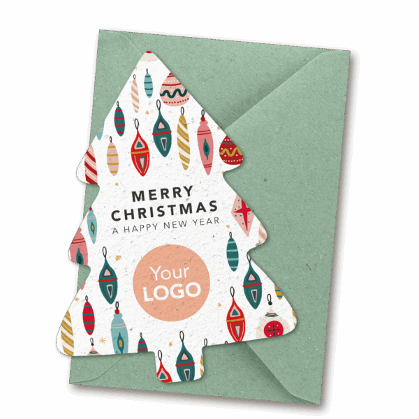 Growing paper Christmas card with logo - Tree with ornaments