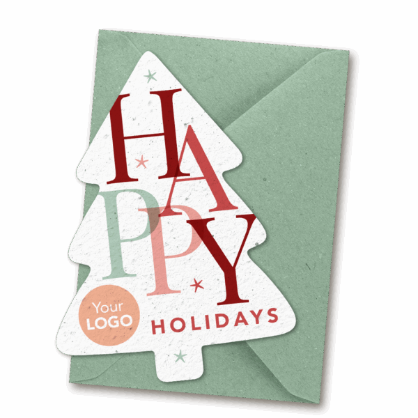 Growing paper Christmas card with logo - Tree with happy holidays
