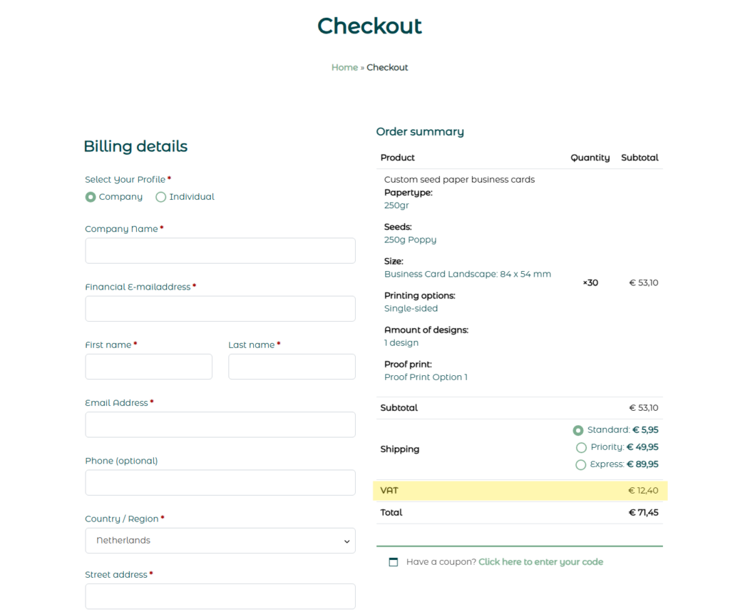 VAT shows at the bottom of the checkout