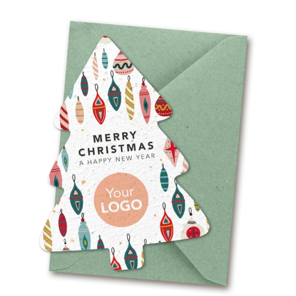 Growing paper Christmas card with logo - Tree with ornaments
