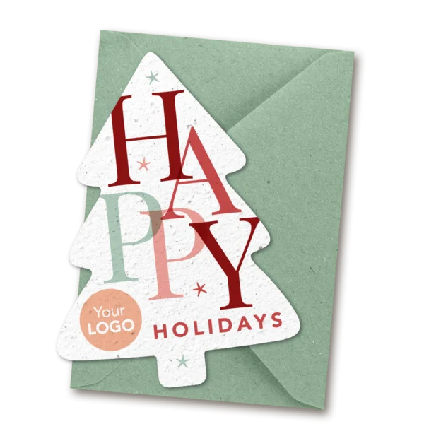 Growing paper Christmas card with logo - Tree with happy holidays